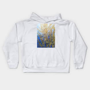 Yellow forsythia blossom against a blue background Kids Hoodie